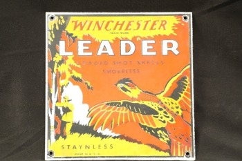 Modern Made 8” x 8” Winchester “Leader Loaded Shot Shells Smokeless” Porcelain On Steel Advertising Sign, Gun Room Art