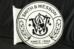 Modern Made 18” Smith & Wesson S&W Logo Porcelain On Steel Double Sided Flanged Advertising Sign, Gun Room Art