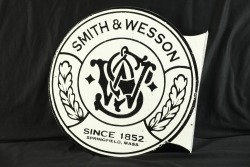 Modern Made 18” Smith & Wesson S&W Logo Porcelain On Steel Double Sided Flanged Advertising Sign, Gun Room Art - 2