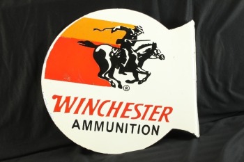 Modern Made 18” Winchester Ammunition Porcelain On Steel Double Sided Flanged Advertising Sign, Gun Room Art