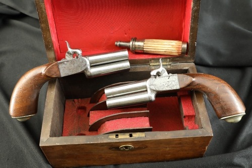 Antique Engraved & Cased Pair of Double Barrel Over/Under .40 Caliber Boxlock Percussion Pistols ca. Late 19th Century