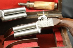 Antique Engraved & Cased Pair of Double Barrel Over/Under .40 Caliber Boxlock Percussion Pistols ca. Late 19th Century - 4