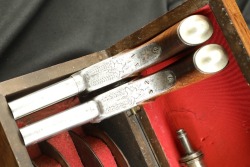 Antique Engraved & Cased Pair of Double Barrel Over/Under .40 Caliber Boxlock Percussion Pistols ca. Late 19th Century - 10