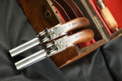 Antique Engraved & Cased Pair of Double Barrel Over/Under .40 Caliber Boxlock Percussion Pistols ca. Late 19th Century - 11