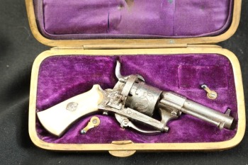 Antique Belgian Lefaucheux Engraved & Ivory Grips Folding Trigger 5mm Pinfire 2” Pocket Revolver ca. 1860s-1893 W/ French Fit “Wallet” or “Cigar” Case