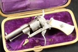 Antique Belgian Lefaucheux Engraved & Ivory Grips Folding Trigger 5mm Pinfire 2” Pocket Revolver ca. 1860s-1893 W/ French Fit “Wallet” or “Cigar” Case - 3