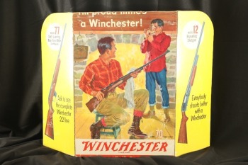 Vintage 1950s Winchester Model 77 .22 Rifle, Model 70 Super Grade Rifle, Model 12 Repeating Shotgun “I’m Proud Mine’s A Winchester” Tri-Fold Die-Cut Cardboard Advertising Poster