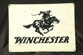 Vintage 1960s Winchester “Galloping Frontiersmen” Black on White Painted 24” x 18” Sheet Metal Advertising Sign