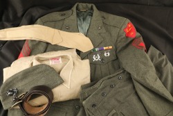 USMC Marine US Post-WW2 Badged Forest Green Wool Service Dress Tunic Grouping W/ Pants, O/S Cap, Khaki Shirt, Khaki Tie, Brown Belt, EGAs