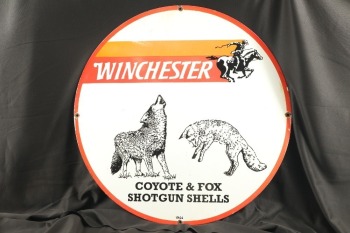 Modern Made 30" Winchester Coyote & Fox Shotgun Shells Porcelain On Steel Advertising Sign, Gun Room Art