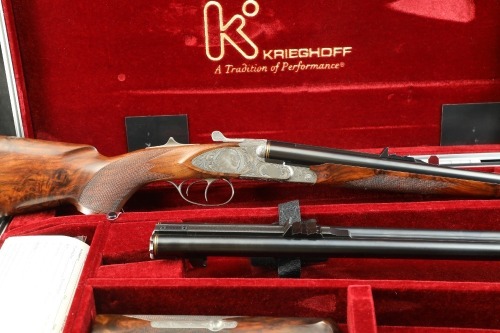 Krieghoff 2000s Grade IV Engraved Classic “Big Five” Two Barrel Set .470 Nitro Express & .375 Holland & Holland Magnum 24” Double Rifle, Side by Side W/ Americase 2007