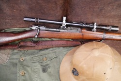 US WW2 Remington M-1903/USMC M-1903A4 Unertl 8X Scope Configured .30-06 24” Bolt Action Sniper Rifle 1942 C&R, W/ Named Marine Pith Helmet & HBT Shooting Jacket