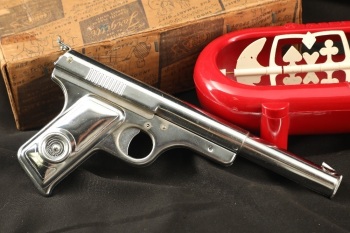 Vintage 1950s Daisy No. 118 “Targeteer” Chrome Plated Steel .118 Caliber Air Pistol Set W/ Red Plastic “Targette” Shooting Gallery Target & Brown Cardboard “Targette” Box