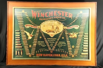 Vintage 1968 Winchester Repeating Arms Reproduction “Double W” Model 1902 Style Lithographed Framed Cartridge Display Poster “Bullet Board”