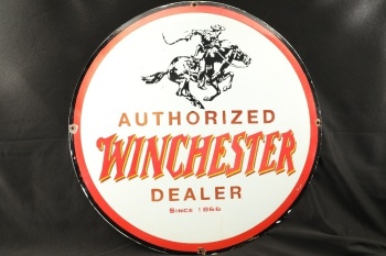 Modern Made 30” Winchester Authorized Dealer Porcelain On Steel Advertising Sign, Gun Room Art