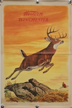 Vintage 1950s Western Winchester J.G. Woods Illustrated Deer Hunting Advertising Poster