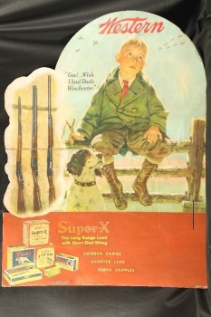 Vintage 1930s Western Cartridge Co. “Gee! Wish I Had Dad’s Winchester” Die-Cut “Boy And His Dog” Cardboard Advertising Poster