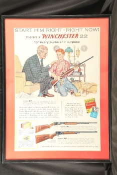 Vintage 1950s Winchester Western “Start Him Right” Model 61 63 67 .22 Rifles “Boy And His Father” Framed Advertising Poster