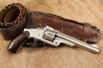 Antique Smith & Wesson Commercial 3rd Model Russian .44 6.5&Prime; Nickel Revolver W/ Old West Holster Rig