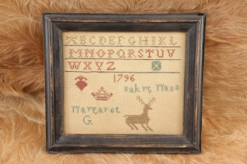 Antique 1790s American Federal Period &ldquo;1796 / oakm, Mass / Margaret G.&rdquo; Schoolgirl Young Lady&rsquo;s Framed Sampler