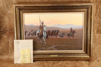 Tom Saubert Original Oil On Canvas &ldquo;Outrunning Pursuit&rdquo; Native American Plains Tribe Framed Painting