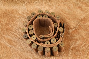 Antique Late 1800s Anson Mills &ldquo;Dog&rsquo;s Head&rdquo; Brass Buckle 12 Gauge Khaki Shotgun Belt
