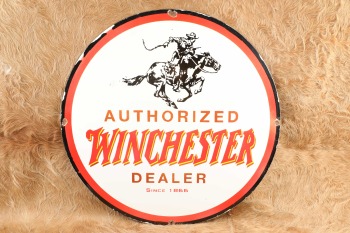 Modern Made 30&rdquo; Winchester Authorized Dealer &ldquo;Horse & Rider&rdquo; Porcelain On Steel Advertising Sign