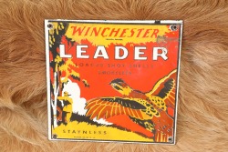 Modern Made 8&rdquo; x 8&rdquo; Winchester &ldquo;Leader Loaded Shot Shells Smokeless&rdquo; Porcelain On Steel Advertising Sign