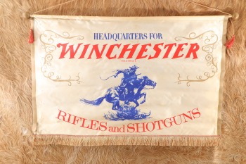 Vintage 1960s &ldquo;HEADQUARTERS FOR WINCHESTER RIFLES and SHOTGUNS&rdquo; Horse & Rider Tapestry